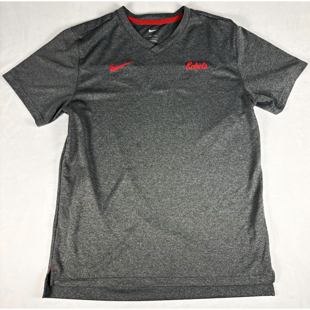 Nike DriFit Ole Miss Rebels V-Neck T-Shirt Unisex Large Gray Mississippi College
